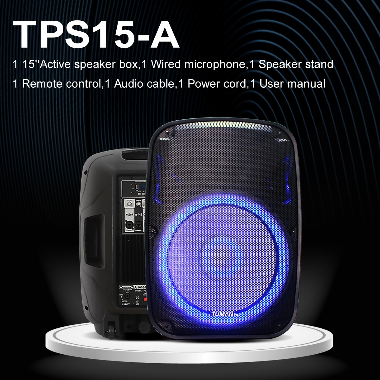 TUMAN Pro Portable 15-Inch PA Speaker System DJ Amplified Loud Speaker with Stand Bluetooth/USB/SD Card Reader/FM Radio/Remote C